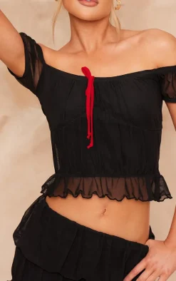 Black Textured Mesh Off The Shoulder Bow Detail Crop Top