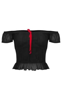 Black Textured Mesh Off The Shoulder Bow Detail Crop Top