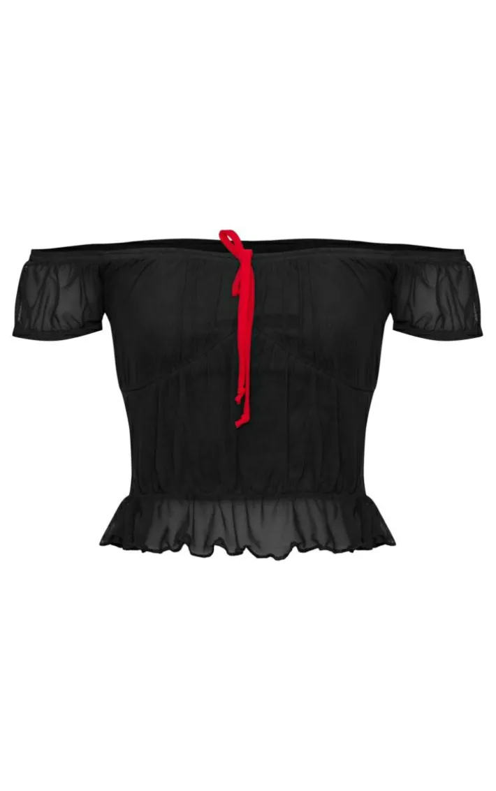 Black Textured Mesh Off The Shoulder Bow Detail Crop Top