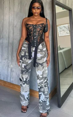 Black Textured Mesh Ribbon Back Corset