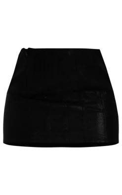 Black Textured Metallic Seam Detail Low Rise Micro Mini Skirt