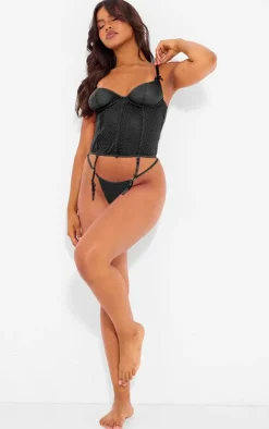 Black Textured Panelled Mesh Underwired Corset