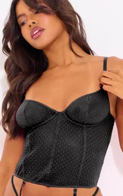 Black Textured Panelled Mesh Underwired Corset