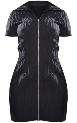 Black Textured Pattern Zip Up Short Sleeve Bodycon Dress