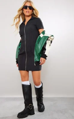 Black Textured Pattern Zip Up Short Sleeve Bodycon Dress