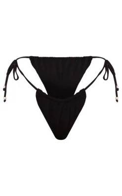Black Textured Pearl Trim Padded Tie Side Bikini Bottoms