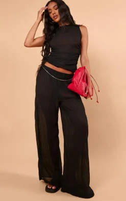 Black Textured Pleat Wide Leg Pants