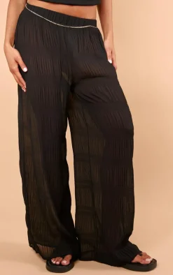 Black Textured Pleat Wide Leg Pants