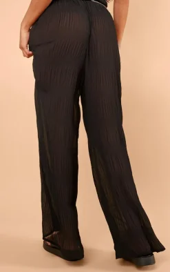 Black Textured Pleat Wide Leg Pants