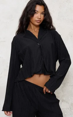 Black Textured Pleated Button Front Shirt