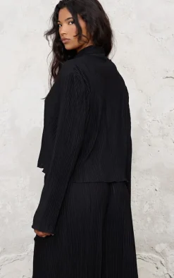 Black Textured Pleated Button Front Shirt