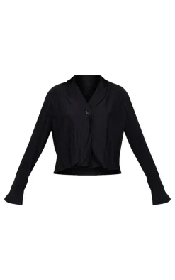 Black Textured Pleated Button Front Shirt