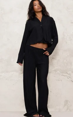 Black Textured Pleated Wide Leg Pants