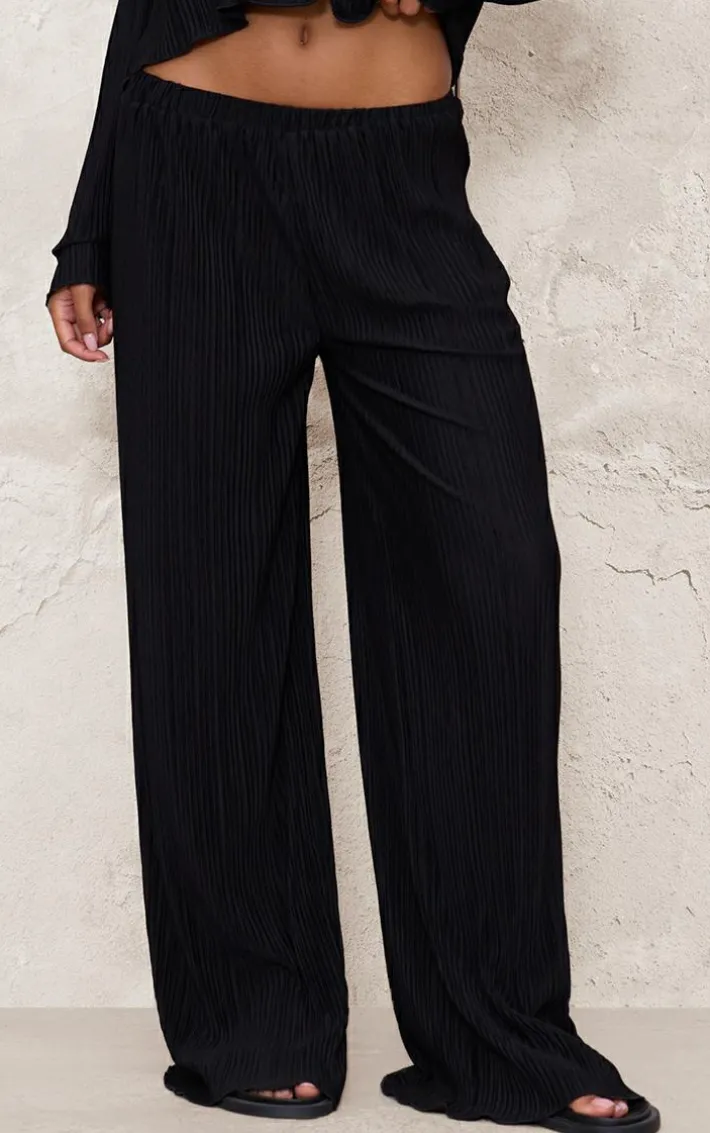Black Textured Pleated Wide Leg Pants