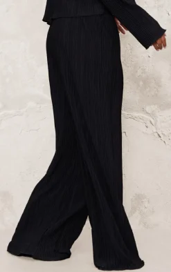 Black Textured Pleated Wide Leg Pants
