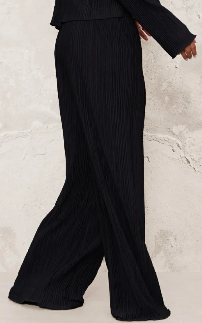 Black Textured Pleated Wide Leg Pants