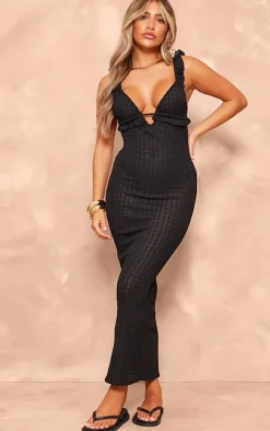 Black Textured Plunge Backless Maxi Dress