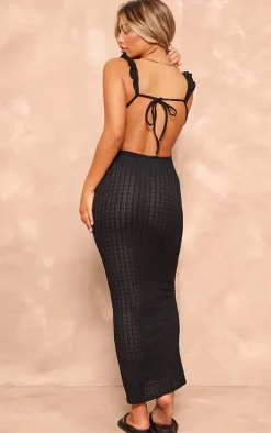 Black Textured Plunge Backless Maxi Dress