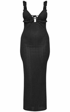 Black Textured Plunge Backless Maxi Dress