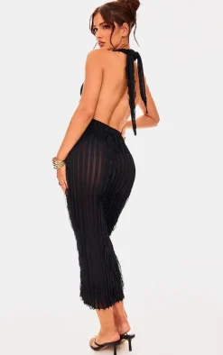 Black Textured Plunge Front Midi Dress