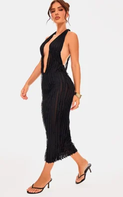 Black Textured Plunge Front Midi Dress