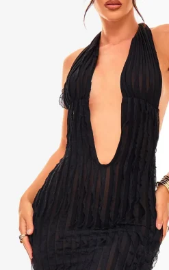 Black Textured Plunge Front Midi Dress