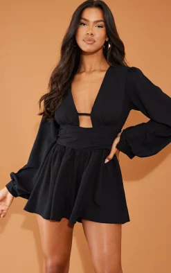 Black Textured Plunge Long Sleeve Tie Back Romper