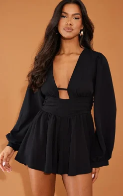Black Textured Plunge Long Sleeve Tie Back Romper
