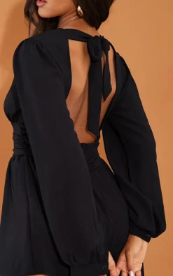 Black Textured Plunge Long Sleeve Tie Back Romper
