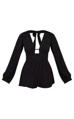 Black Textured Plunge Long Sleeve Tie Back Romper
