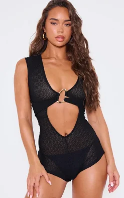 Black Textured Plunge Trim Detail Romper