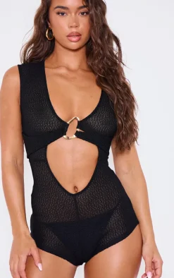 Black Textured Plunge Trim Detail Romper