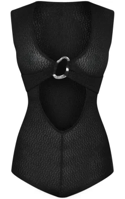 Black Textured Plunge Trim Detail Romper