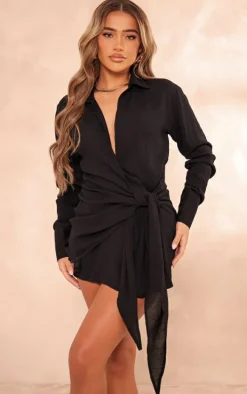 Black Textured Plunge Wrap Shirt Dress