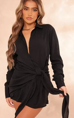 Black Textured Plunge Wrap Shirt Dress