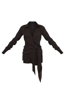 Black Textured Plunge Wrap Shirt Dress