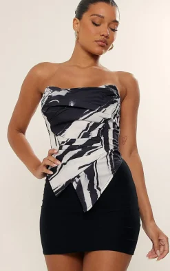 Black Textured Print Woven Asymmetric Pointed Hem Corset