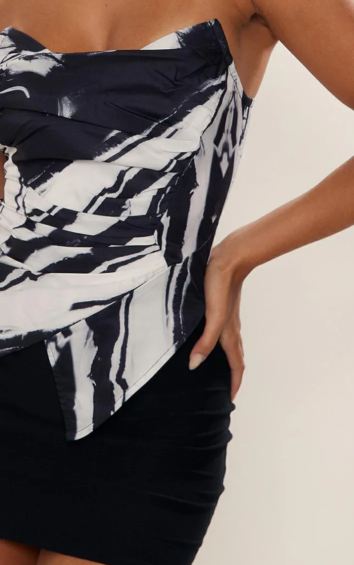 Black Textured Print Woven Asymmetric Pointed Hem Corset