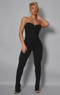 Black Textured Rib Corset Bandeau Split Hem Jumpsuit