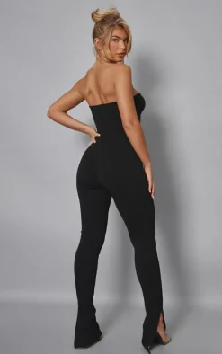 Black Textured Rib Corset Bandeau Split Hem Jumpsuit