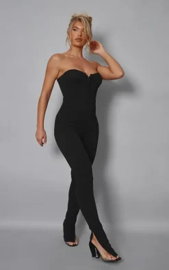 Black Textured Rib Corset Bandeau Split Hem Jumpsuit