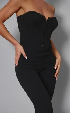 Black Textured Rib Corset Bandeau Split Hem Jumpsuit