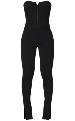 Black Textured Rib Corset Bandeau Split Hem Jumpsuit