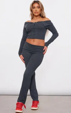 Black Textured Rib Jersey Fold Over Waistband Skinny Flared Pants