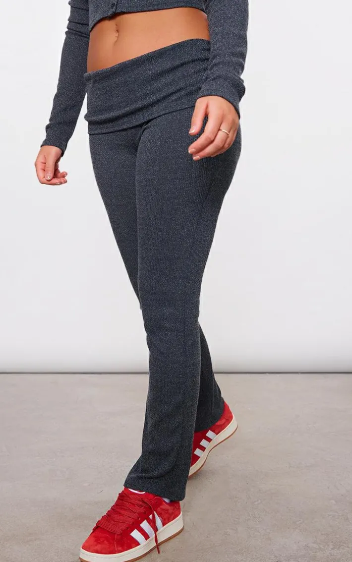 Black Textured Rib Jersey Fold Over Waistband Skinny Flared Pants