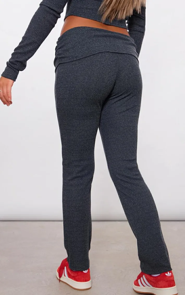 Black Textured Rib Jersey Fold Over Waistband Skinny Flared Pants