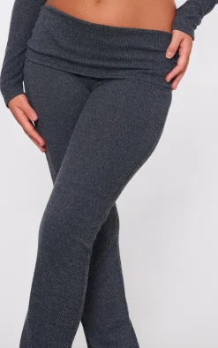 Black Textured Rib Jersey Fold Over Waistband Skinny Flared Pants