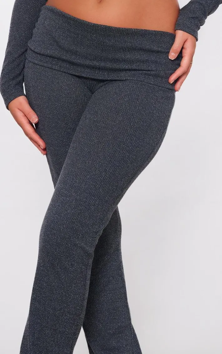 Black Textured Rib Jersey Fold Over Waistband Skinny Flared Pants