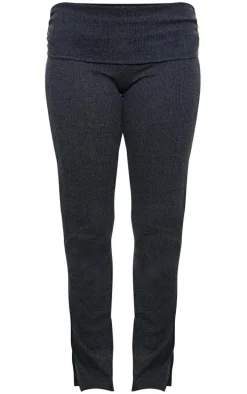 Black Textured Rib Jersey Fold Over Waistband Skinny Flared Pants