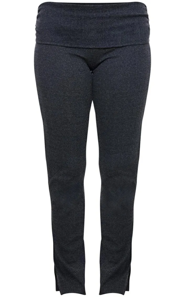 Black Textured Rib Jersey Fold Over Waistband Skinny Flared Pants